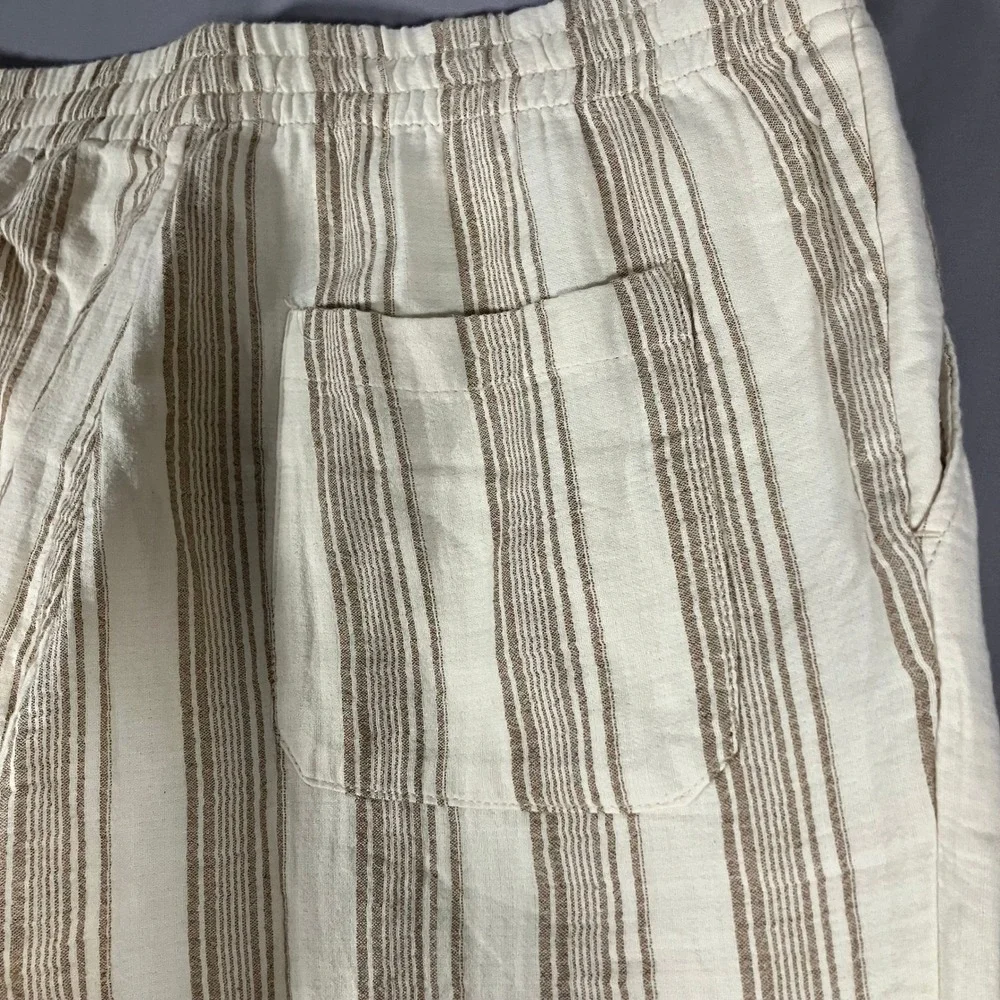 ZARA Striped Linen Womens XL‎ Blend Drawstring Waist Pants Beige Brown Casual